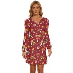 Woodland Mushroom And Daisy Seamless Pattern On Red Backgrounds Long Sleeve Waist Tie Ruffle Velvet Dress by Amaryn4rt