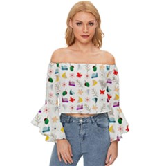 Snail Butterfly Pattern Seamless Off Shoulder Flutter Bell Sleeve Top