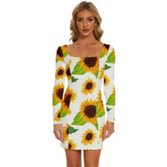 Sunflower Flower Seamless Long Sleeve Square Neck Bodycon Velvet Dress by Amaryn4rt