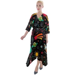 Seamless Pattern Space Quarter Sleeve Wrap Front Maxi Dress by Amaryn4rt