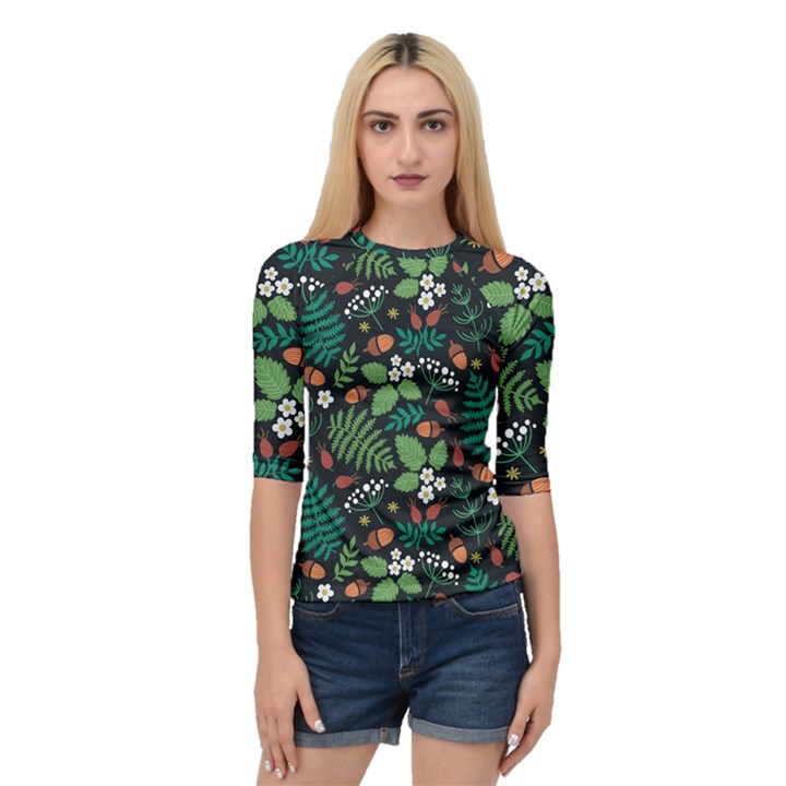 Pattern Forest Leaf Fruits Flowers Motif Quarter Sleeve Raglan Tee