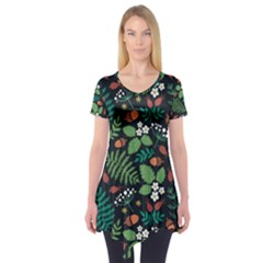 Pattern Forest Leaf Fruits Flowers Motif Short Sleeve Tunic  by Amaryn4rt