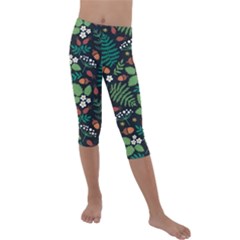 Pattern Forest Leaf Fruits Flowers Motif Kids  Lightweight Velour Capri Leggings  by Amaryn4rt