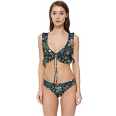 Pattern Forest Leaf Fruits Flowers Motif Low Cut Ruffle Edge Bikini Set by Amaryn4rt