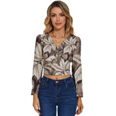 Plant Leaves Pattern Long Sleeve V-neck Top by Amaryn4rt