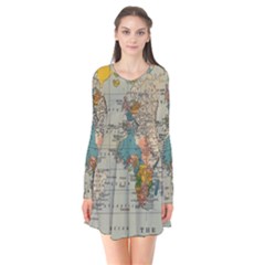 Vintage World Map Long Sleeve V-neck Flare Dress by pakminggu