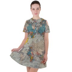 Vintage World Map Short Sleeve Shoulder Cut Out Dress  by pakminggu