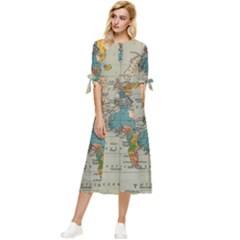 Vintage World Map Bow Sleeve Chiffon Midi Dress by pakminggu