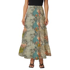 Vintage World Map Tiered Ruffle Maxi Skirt by pakminggu