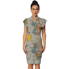 Vintage World Map Vintage Frill Sleeve V-neck Bodycon Dress by pakminggu