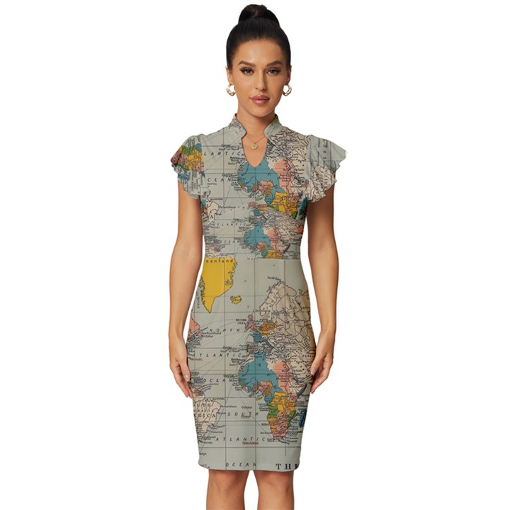 Vintage World Map Vintage Frill Sleeve V-Neck Bodycon Dress