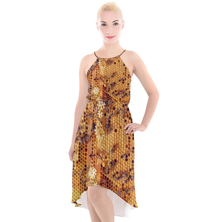 Bees Nature Animals Honeycomb High-Low Halter Chiffon Dress 