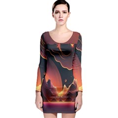 Fire Flame Burn Hot Heat Light Burning Orange Long Sleeve Bodycon Dress by pakminggu