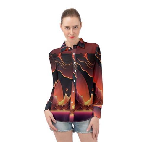 Fire Flame Burn Hot Heat Light Burning Orange Long Sleeve Chiffon Shirt by pakminggu