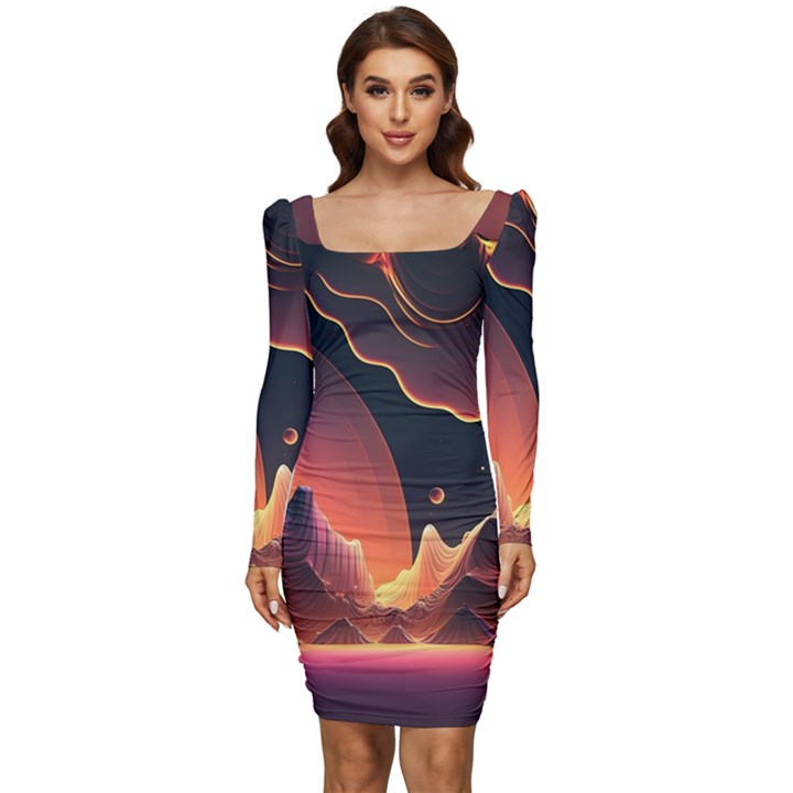 Fire Flame Burn Hot Heat Light Burning Orange Women Long Sleeve Ruched Stretch Jersey Dress