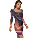 Fire Flame Burn Hot Heat Light Burning Orange Women Long Sleeve Ruched Stretch Jersey Dress View2