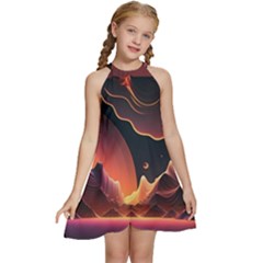 Fire Flame Burn Hot Heat Light Burning Orange Kids  Halter Collar Waist Tie Chiffon Dress by pakminggu