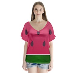 Watermelon Fruit Summer Red Fresh Food Healthy V-neck Flutter Sleeve Top by pakminggu