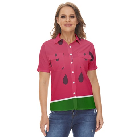 Watermelon Fruit Summer Red Fresh Food Healthy Women s Short Sleeve Double Pocket Shirt by pakminggu