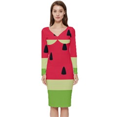 Watermelon Fruit Food Healthy Vitamins Nutrition Long Sleeve V-neck Bodycon Dress  by pakminggu