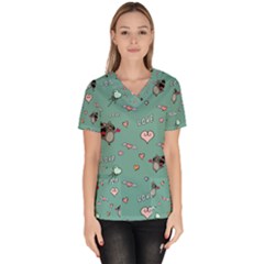 Raccoon Texture Seamless Scrapbooking Hearts Women s V-neck Scrub Top by pakminggu