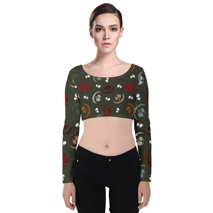 Art Halloween Pattern Creepy Design Digital Papers Velvet Long Sleeve Crop Top