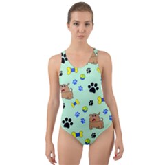 Dog Pattern Seamless Blue Background Scrapbooking Cut-out Back One Piece Swimsuit by pakminggu