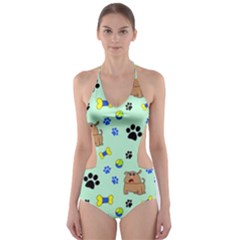 Dog Pattern Seamless Blue Background Scrapbooking Cut-out One Piece Swimsuit by pakminggu