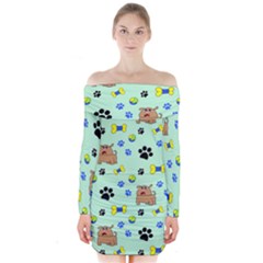 Dog Pattern Seamless Blue Background Scrapbooking Long Sleeve Off Shoulder Dress by pakminggu