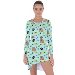 Dog Pattern Seamless Blue Background Scrapbooking Asymmetric Cut-out Shift Dress by pakminggu