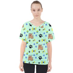 Dog Pattern Seamless Blue Background Scrapbooking V-neck Dolman Drape Top by pakminggu