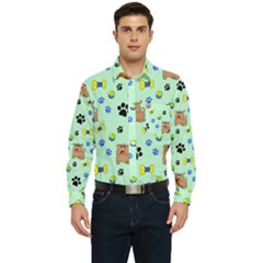 Dog Pattern Seamless Blue Background Scrapbooking Men s Long Sleeve Pocket Shirt  by pakminggu