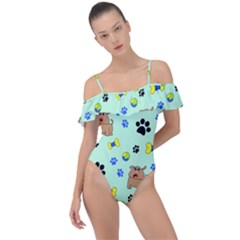 Dog Pattern Seamless Blue Background Scrapbooking Frill Detail One Piece Swimsuit by pakminggu