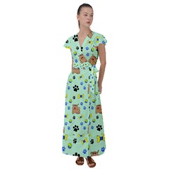 Dog Pattern Seamless Blue Background Scrapbooking Flutter Sleeve Maxi Dress by pakminggu