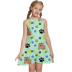 Dog Pattern Seamless Blue Background Scrapbooking Kids  Halter Collar Waist Tie Chiffon Dress by pakminggu