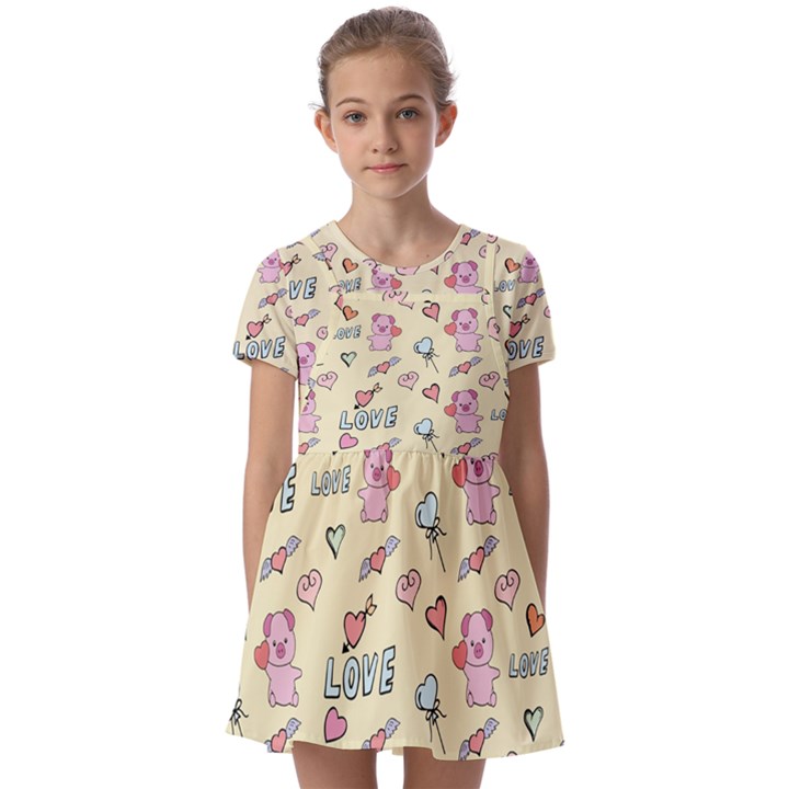 Pig Animal Love Romance Seamless Texture Pattern Kids  Short Sleeve Pinafore Style Dress