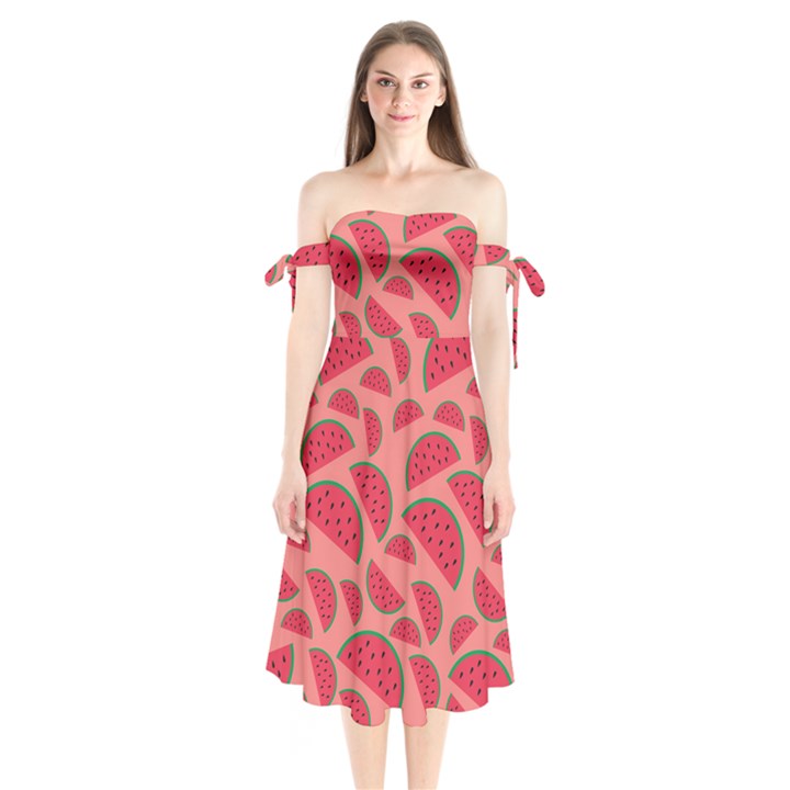 Watermelon Red Food Fruit Healthy Summer Fresh Shoulder Tie Bardot Midi Dress