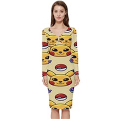 Pikachu Long Sleeve V-neck Bodycon Dress  by artworkshop