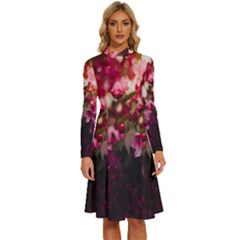 Pink Flower Long Sleeve Shirt Collar A-line Dress by artworkshop