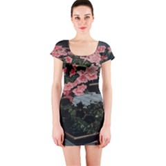 Pink Peony  Flower Short Sleeve Bodycon Dress by artworkshop