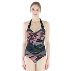 Pink Peony  Flower Halter Swimsuit by artworkshop