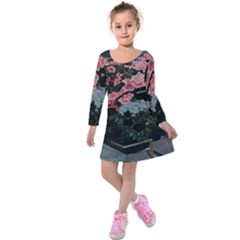 Pink Peony  Flower Kids  Long Sleeve Velvet Dress by artworkshop