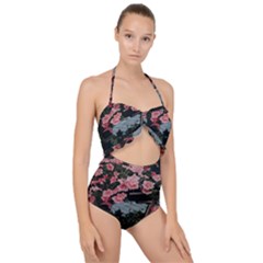 Pink Peony  Flower Scallop Top Cut Out Swimsuit by artworkshop