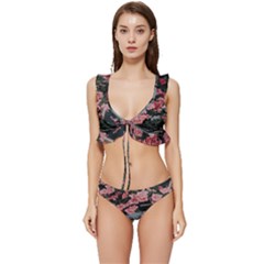 Pink Peony  Flower Low Cut Ruffle Edge Bikini Set by artworkshop