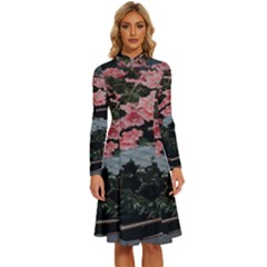 Pink Peony  Flower Long Sleeve Shirt Collar A-line Dress by artworkshop