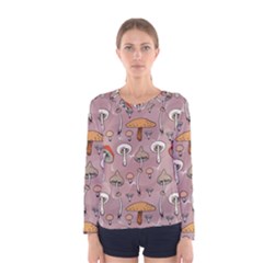 Mushrooms Autumn Fall Pattern Seamless Decorative Women s Long Sleeve Tee