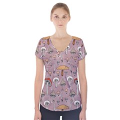 Mushrooms Autumn Fall Pattern Seamless Decorative Short Sleeve Front Detail Top by pakminggu