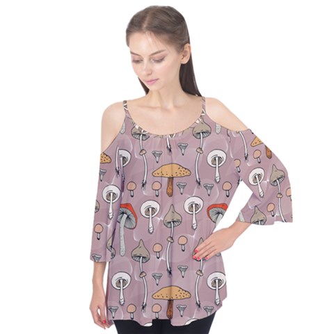 Mushrooms Autumn Fall Pattern Seamless Decorative Flutter Sleeve Tee  by pakminggu