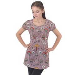 Mushrooms Autumn Fall Pattern Seamless Decorative Puff Sleeve Tunic Top by pakminggu