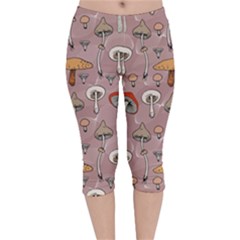 Mushrooms Autumn Fall Pattern Seamless Decorative Velvet Capri Leggings  by pakminggu